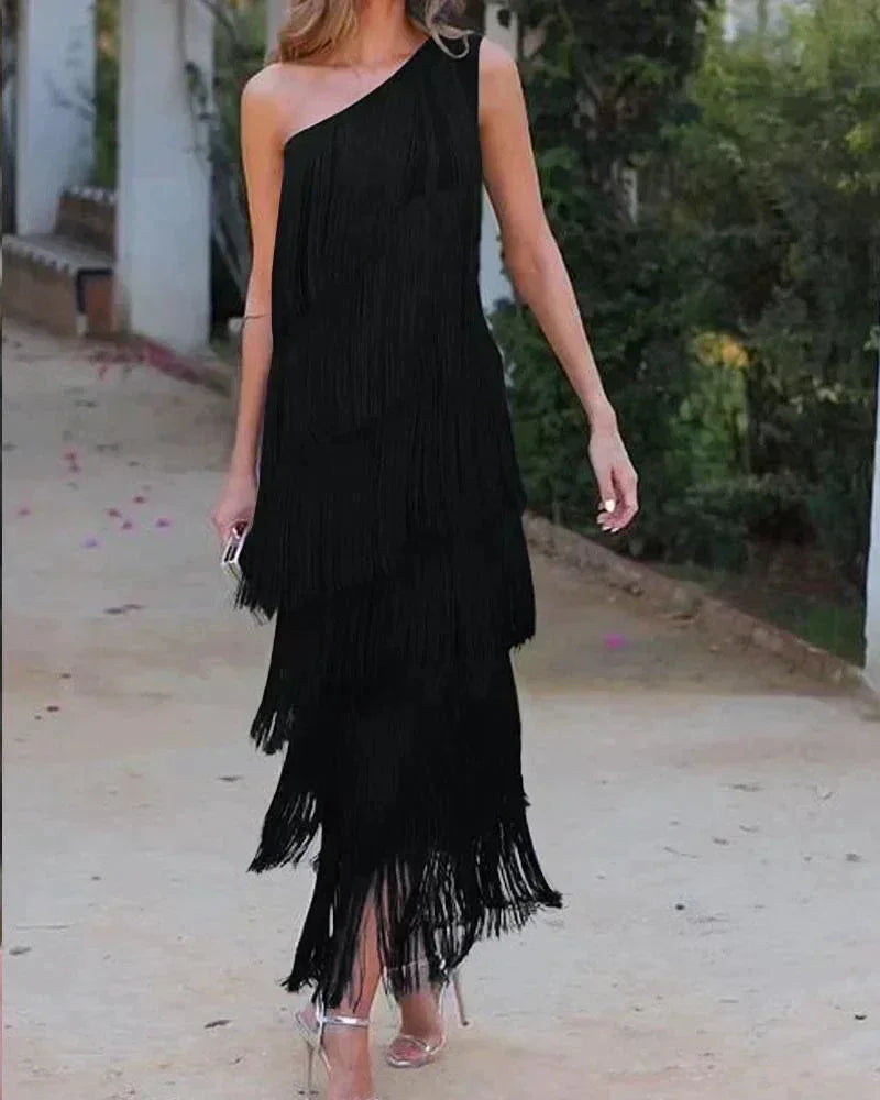 Cyrielle | Robe Longue à Franges Encolure Asymétrique