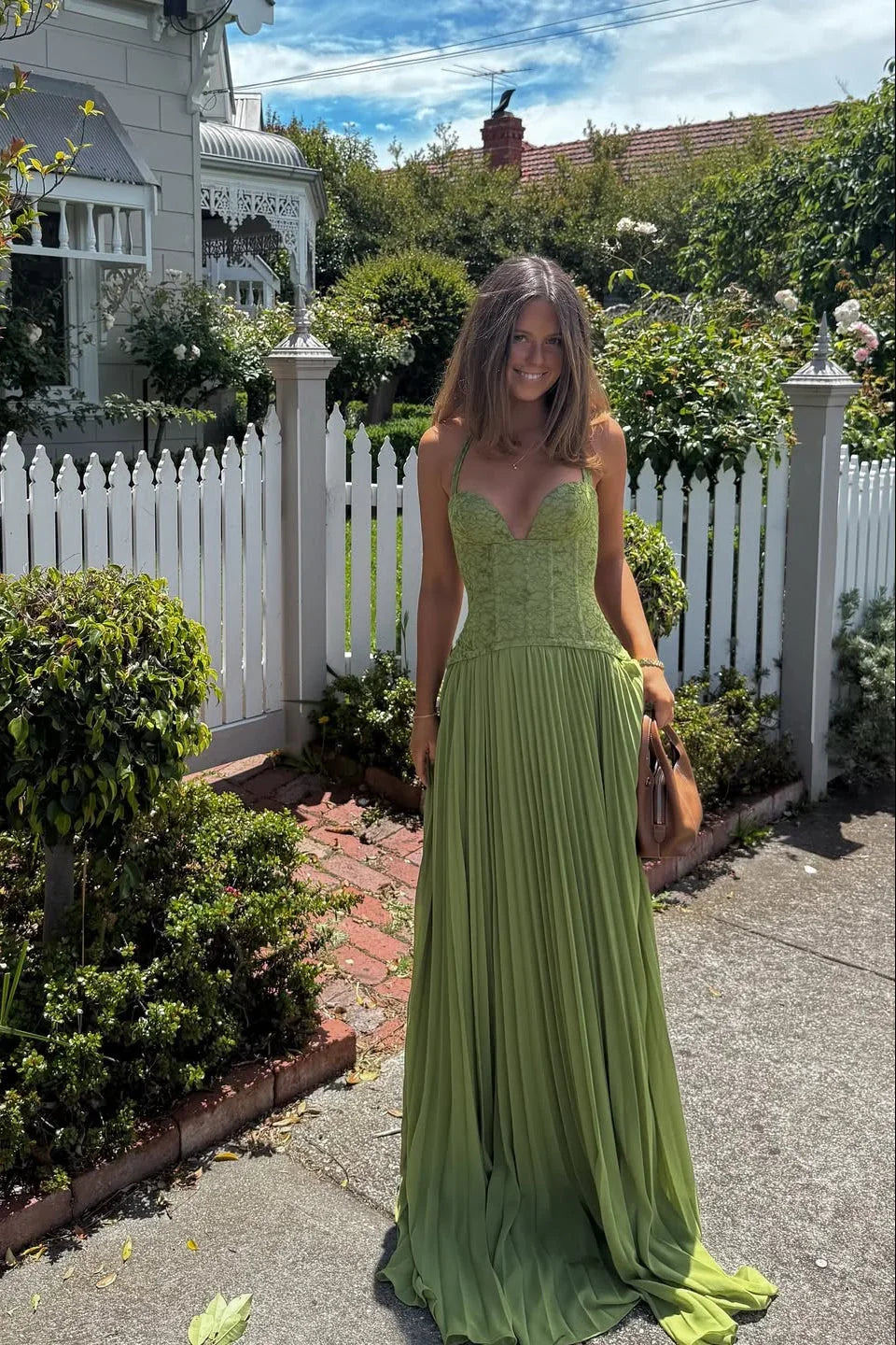 Hortensia | Robe Longue Corset Plissée Verte
