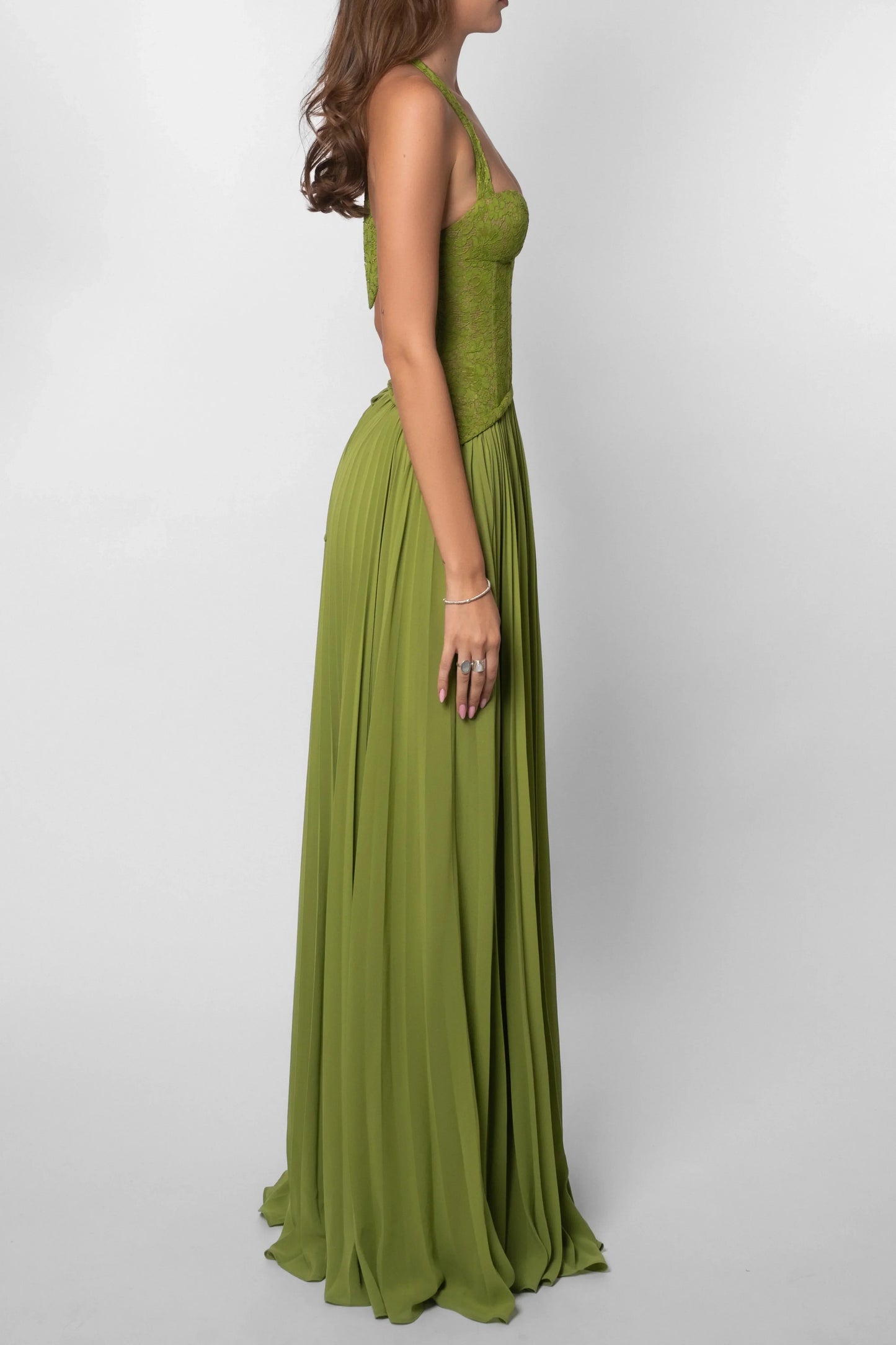 Hortensia | Robe Longue Corset Plissée Verte