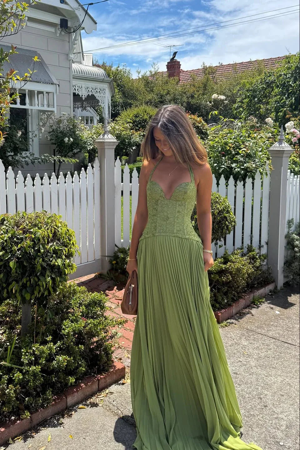 Hortensia | Robe Longue Corset Plissée Verte