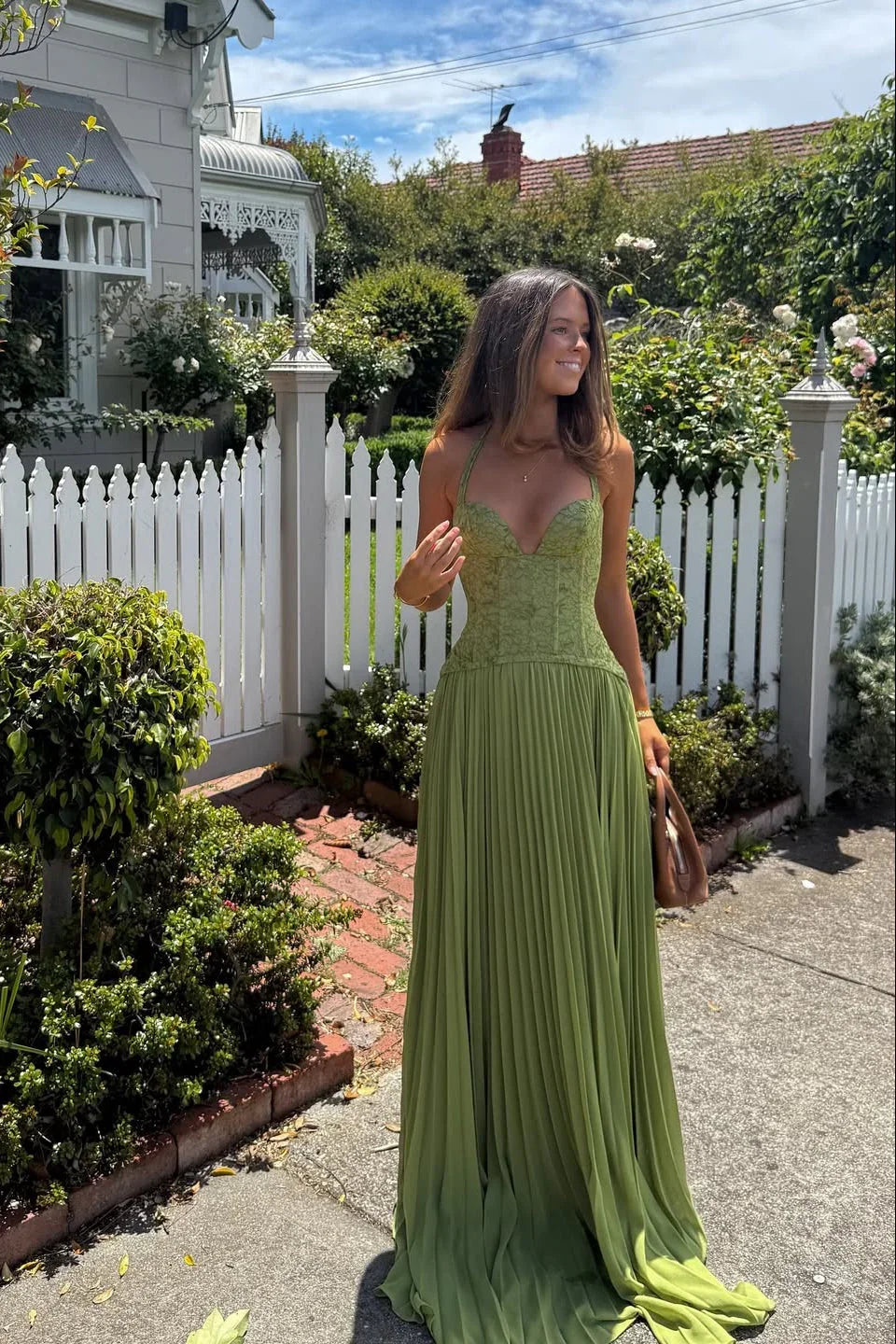 Hortensia | Robe Longue Corset Plissée Verte