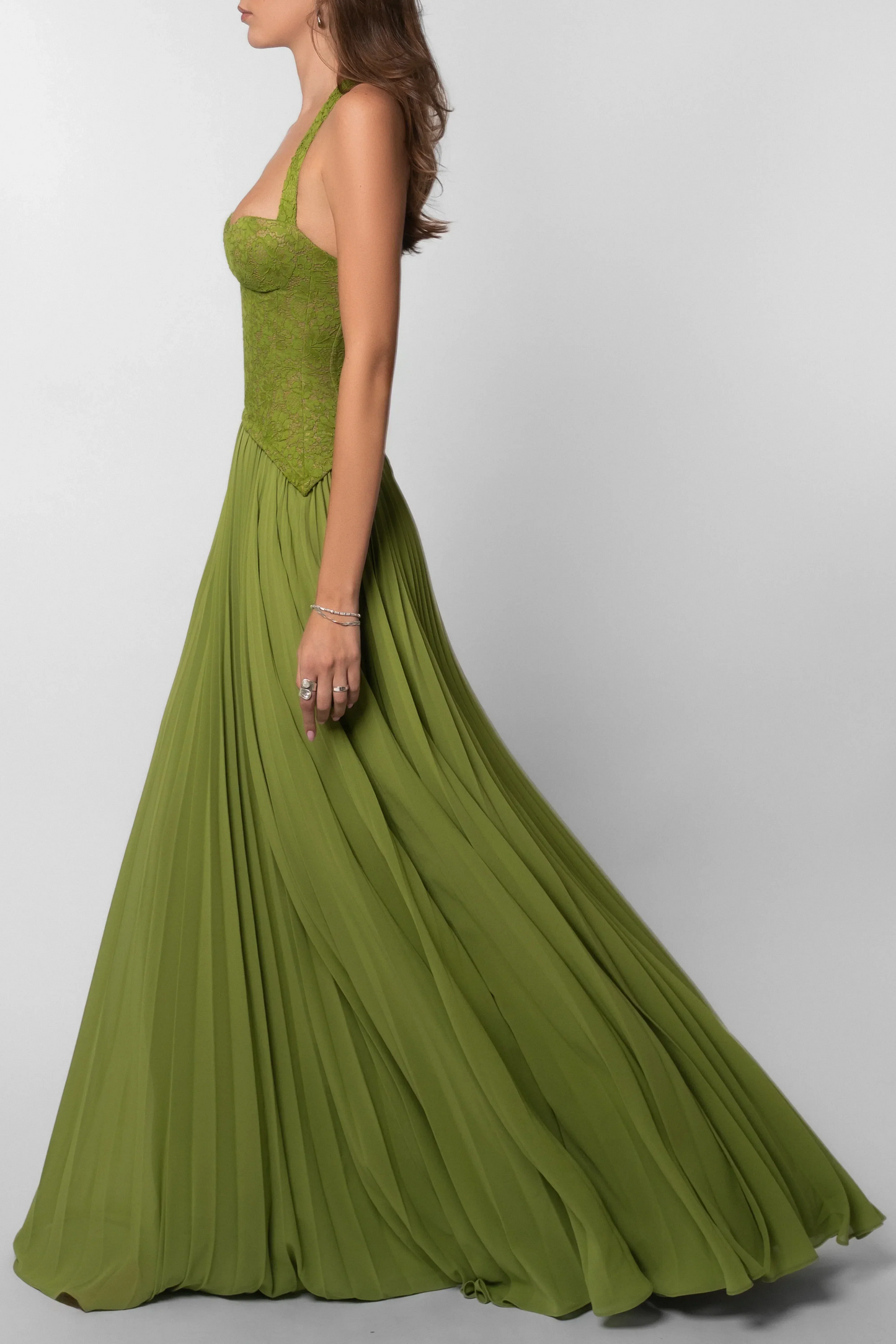 Hortensia | Robe Longue Corset Plissée Verte