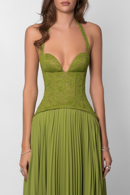 Hortensia | Robe Longue Corset Plissée Verte
