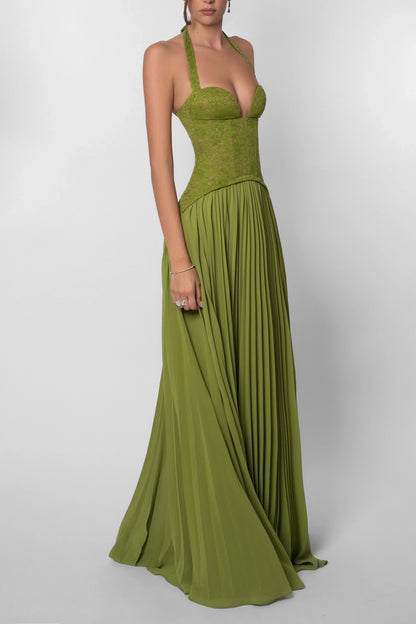Hortensia | Robe Longue Corset Plissée Verte