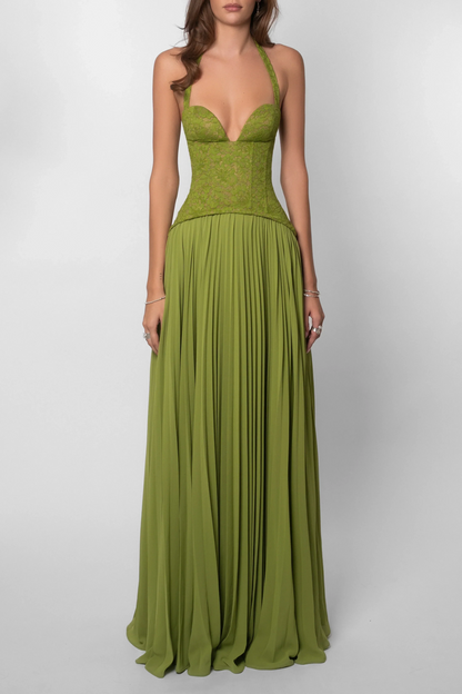 Hortensia | Robe Longue Corset Plissée Verte