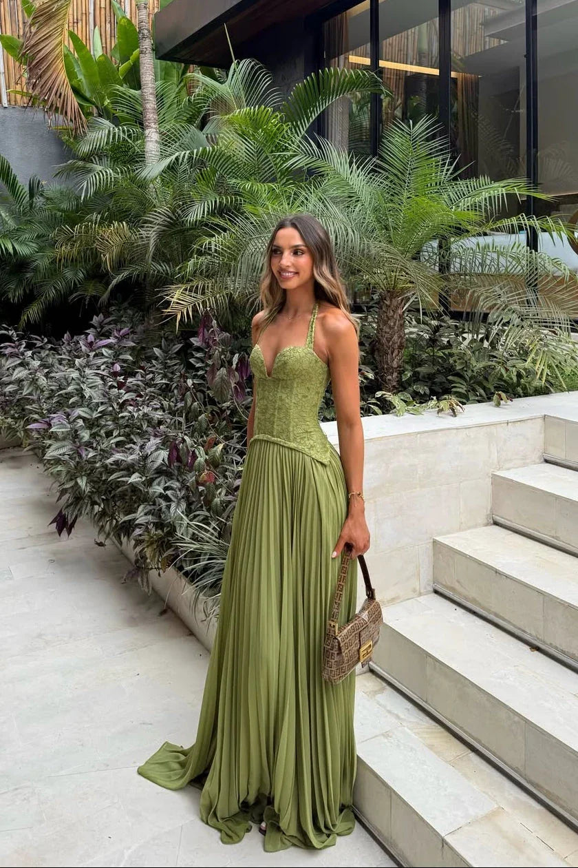 Hortensia | Robe Longue Corset Plissée Verte