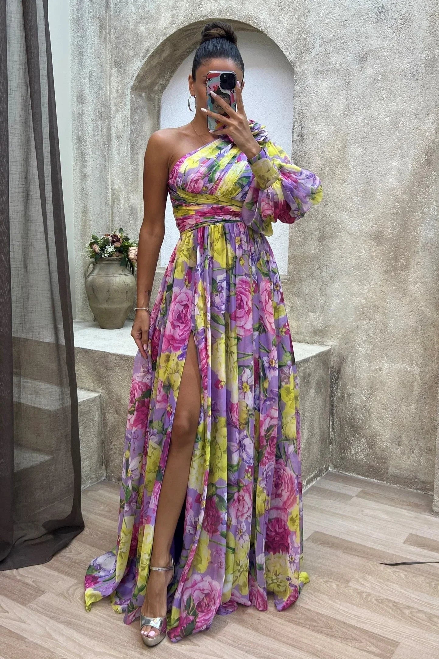 Émerance | Robe Longue Fleurie à Une Épaule Fendue