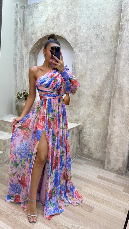 Émerance | Robe Longue Fleurie à Une Épaule Fendue