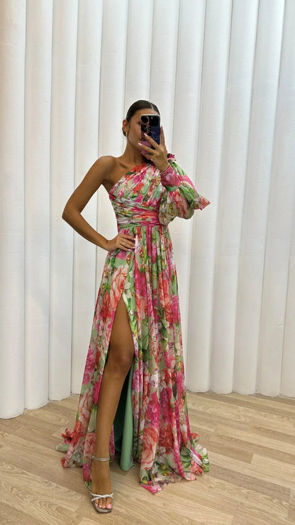 Émerance | Robe Longue Fleurie à Une Épaule Fendue