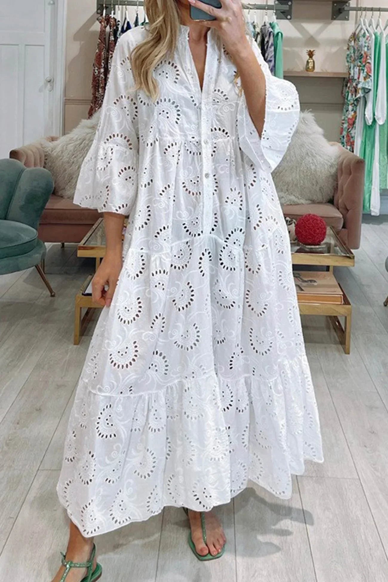 Aliette | Robe Longue Ajourée Col V Manches 3/4