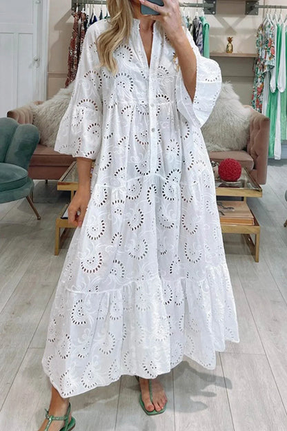 Aliette | Robe Longue Ajourée Col V Manches 3/4