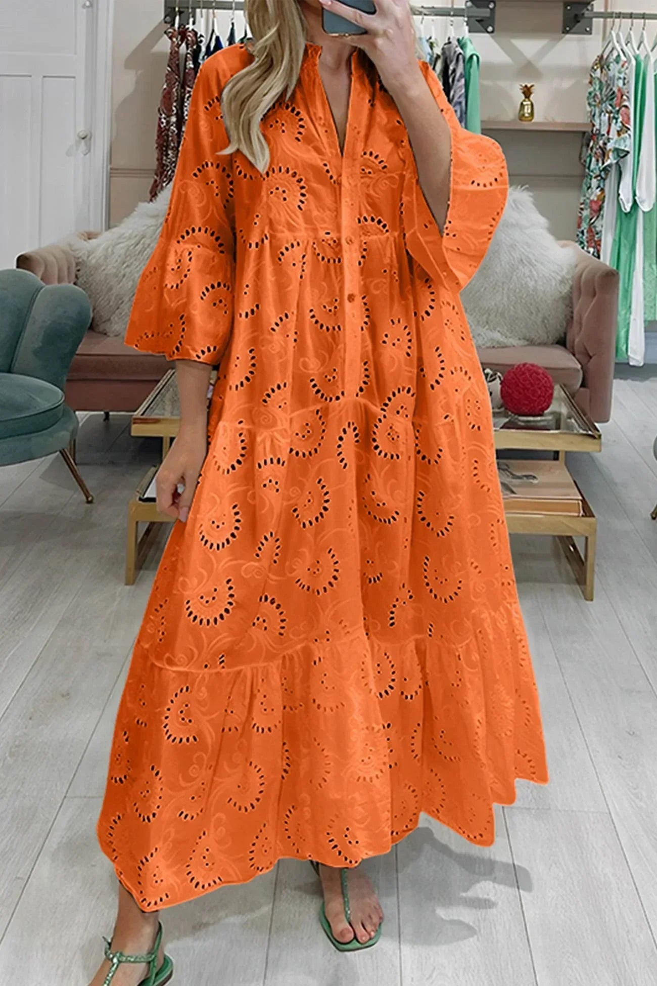 Aliette | Robe Longue Ajourée Col V Manches 3/4
