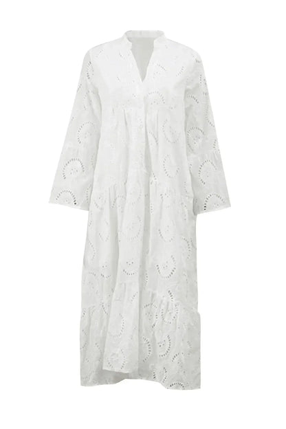 Aliette | Robe Longue Ajourée Col V Manches 3/4