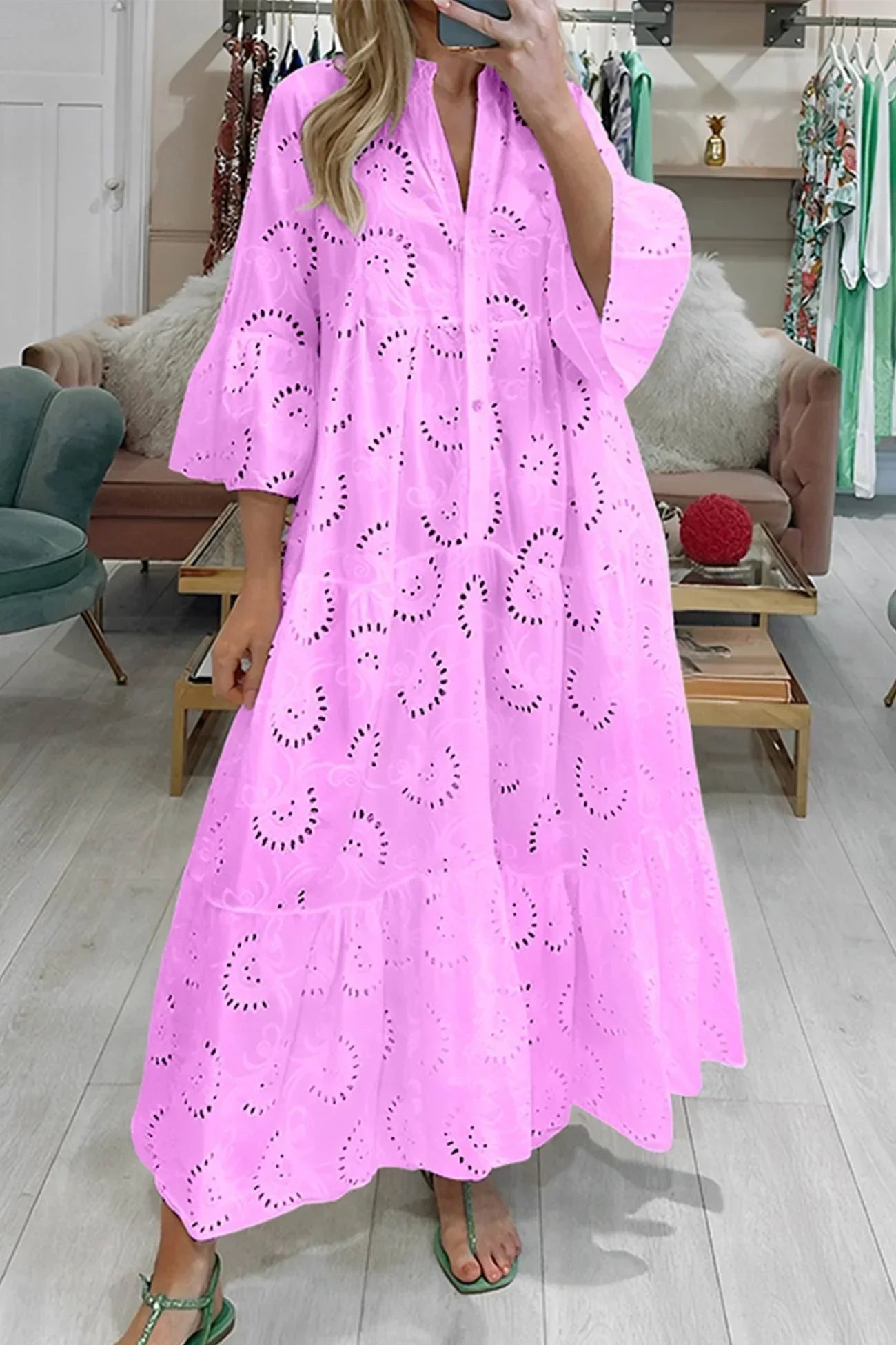 Aliette | Robe Longue Ajourée Col V Manches 3/4
