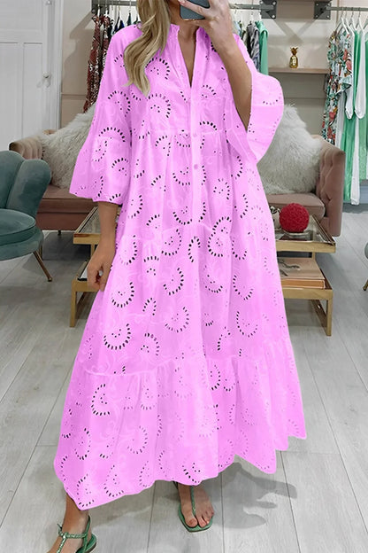 Aliette | Robe Longue Ajourée Col V Manches 3/4