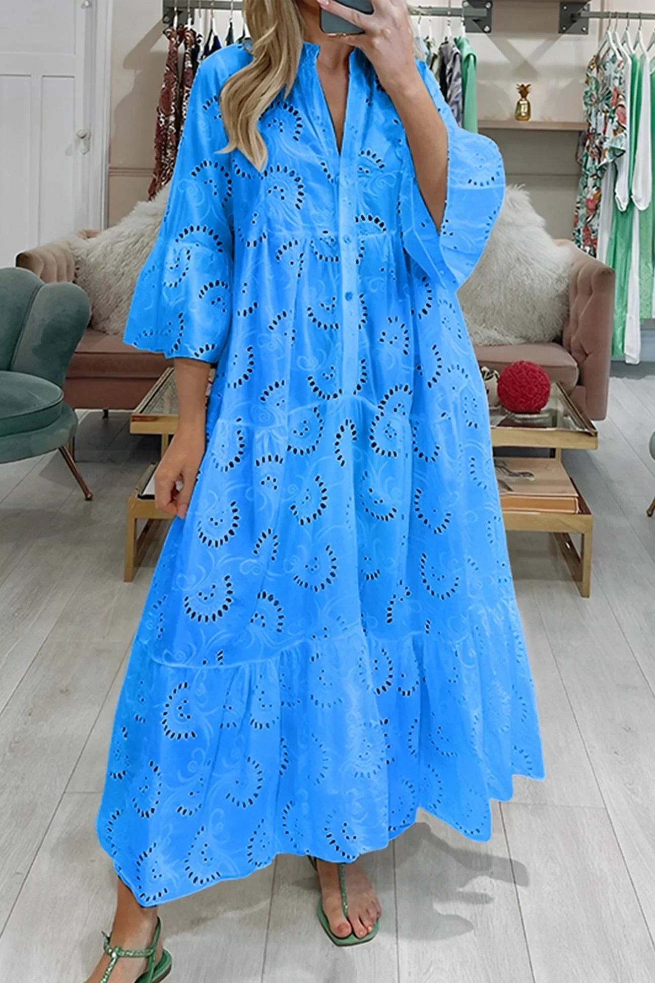 Aliette | Robe Longue Ajourée Col V Manches 3/4