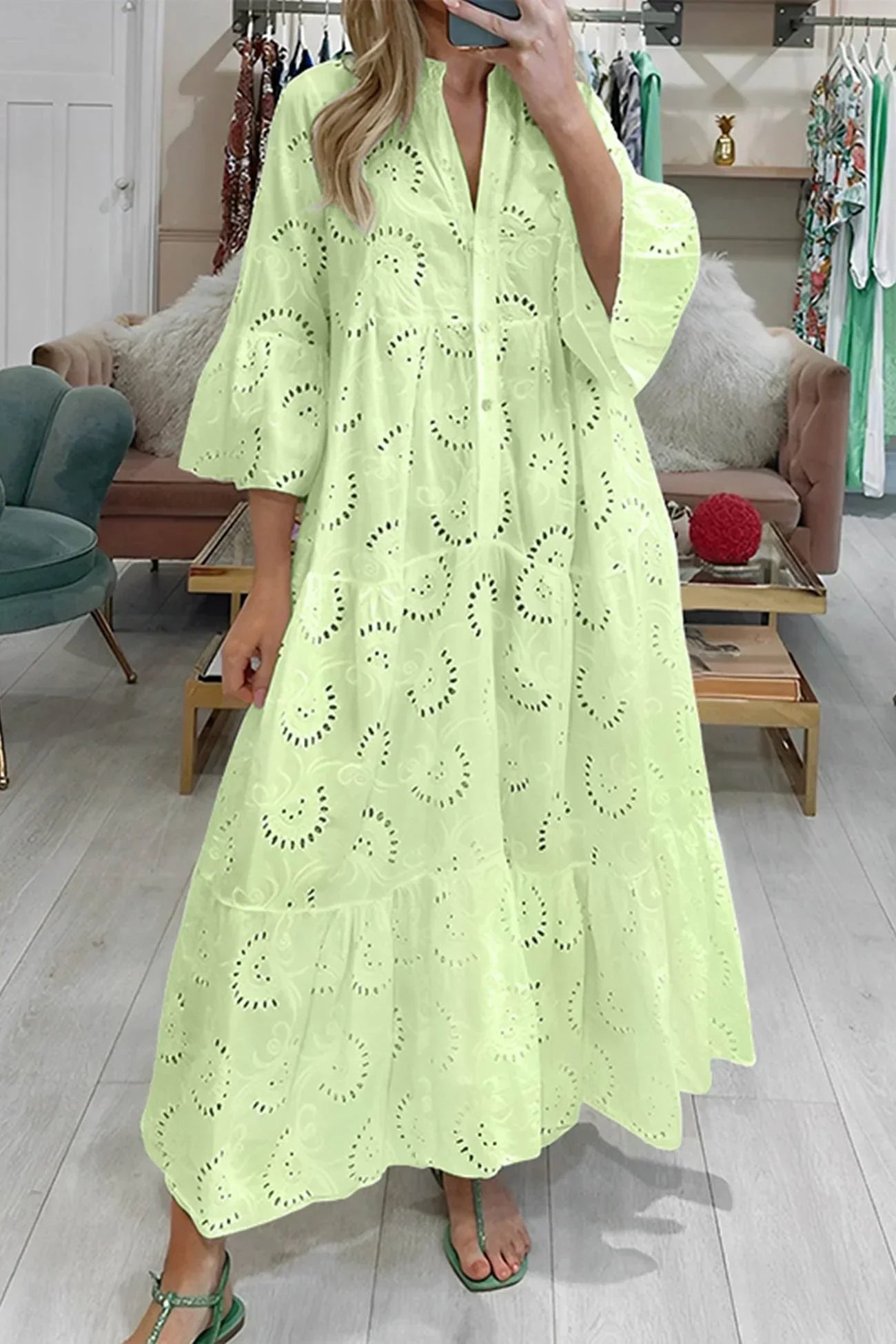 Aliette | Robe Longue Ajourée Col V Manches 3/4