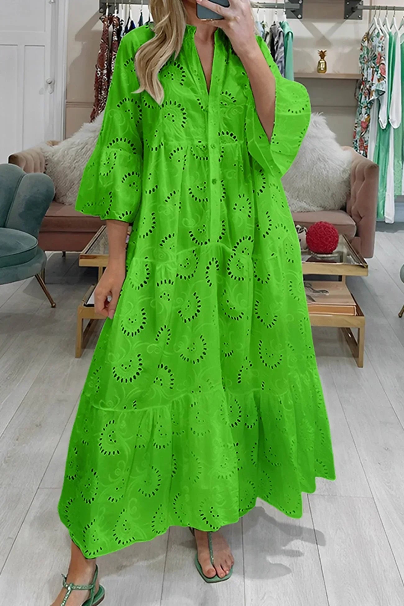 Aliette | Robe Longue Ajourée Col V Manches 3/4