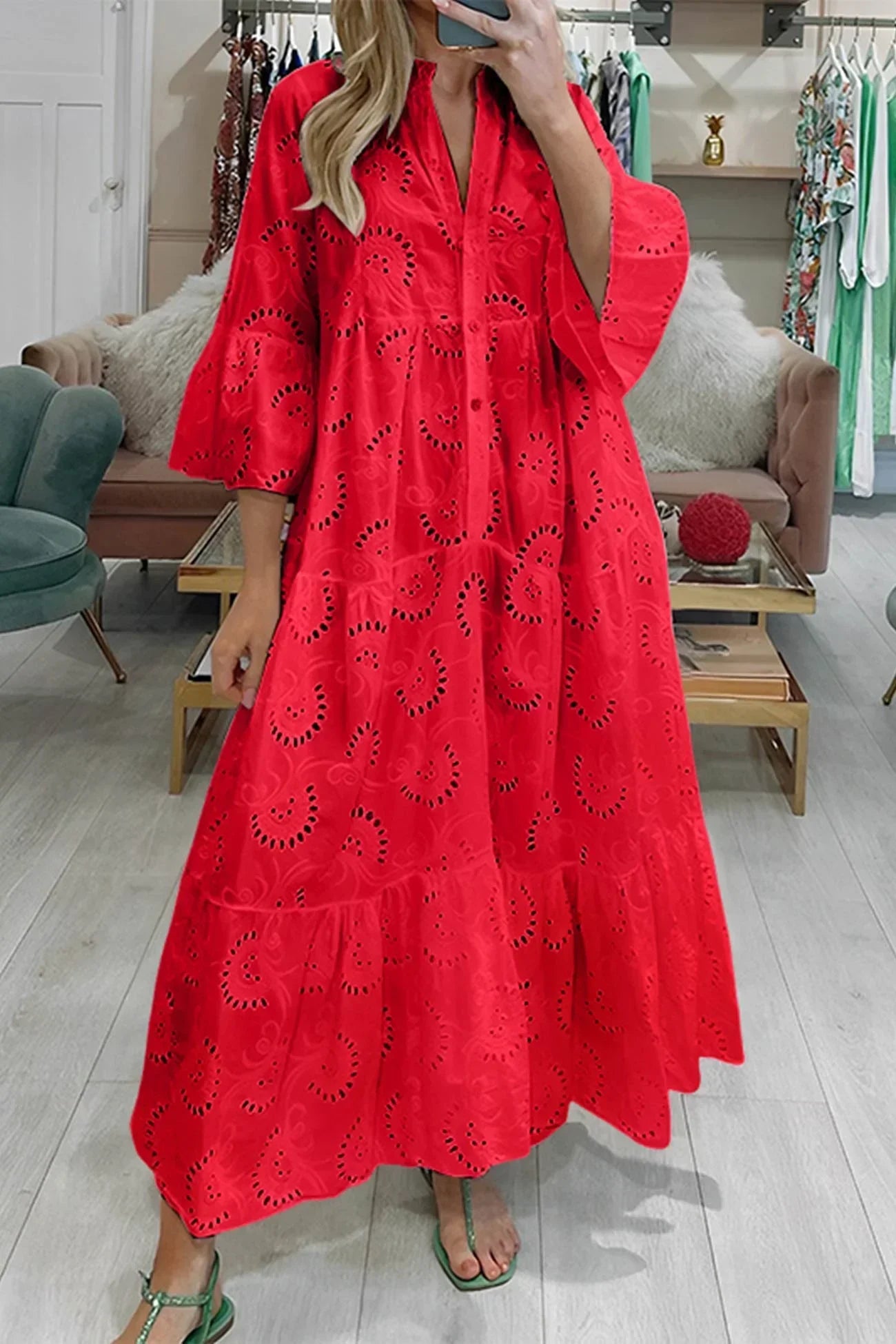 Aliette | Robe Longue Ajourée Col V Manches 3/4