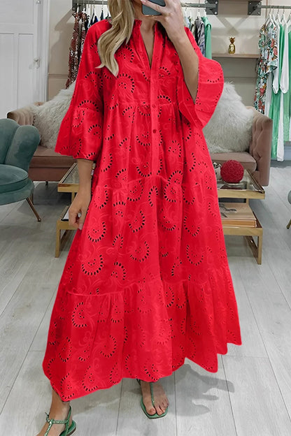 Aliette | Robe Longue Ajourée Col V Manches 3/4