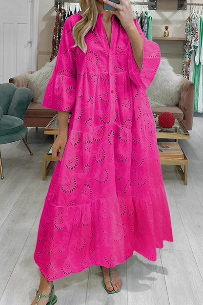 Aliette | Robe Longue Ajourée Col V Manches 3/4