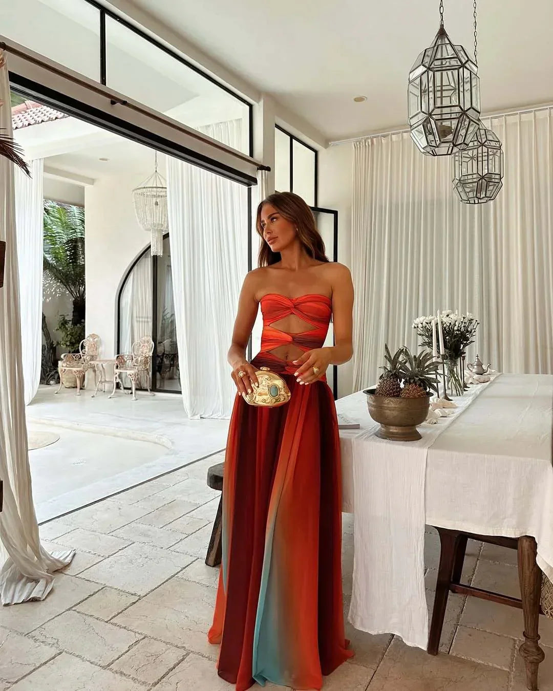 Cléo | Robe Longue Sans Bretelles à Motifs