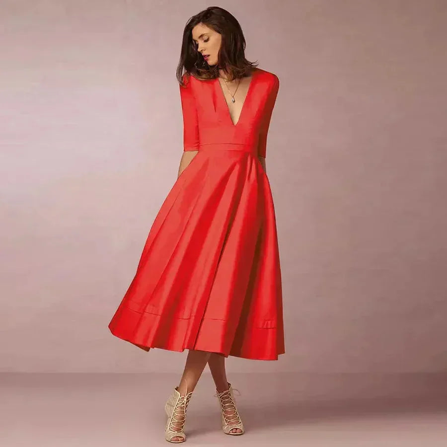 Victorine | Robe Midi Évasée Col V à Poches
