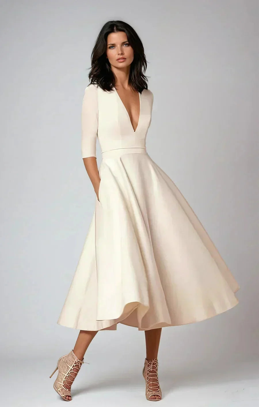 Victorine | Robe Midi Évasée Col V à Poches