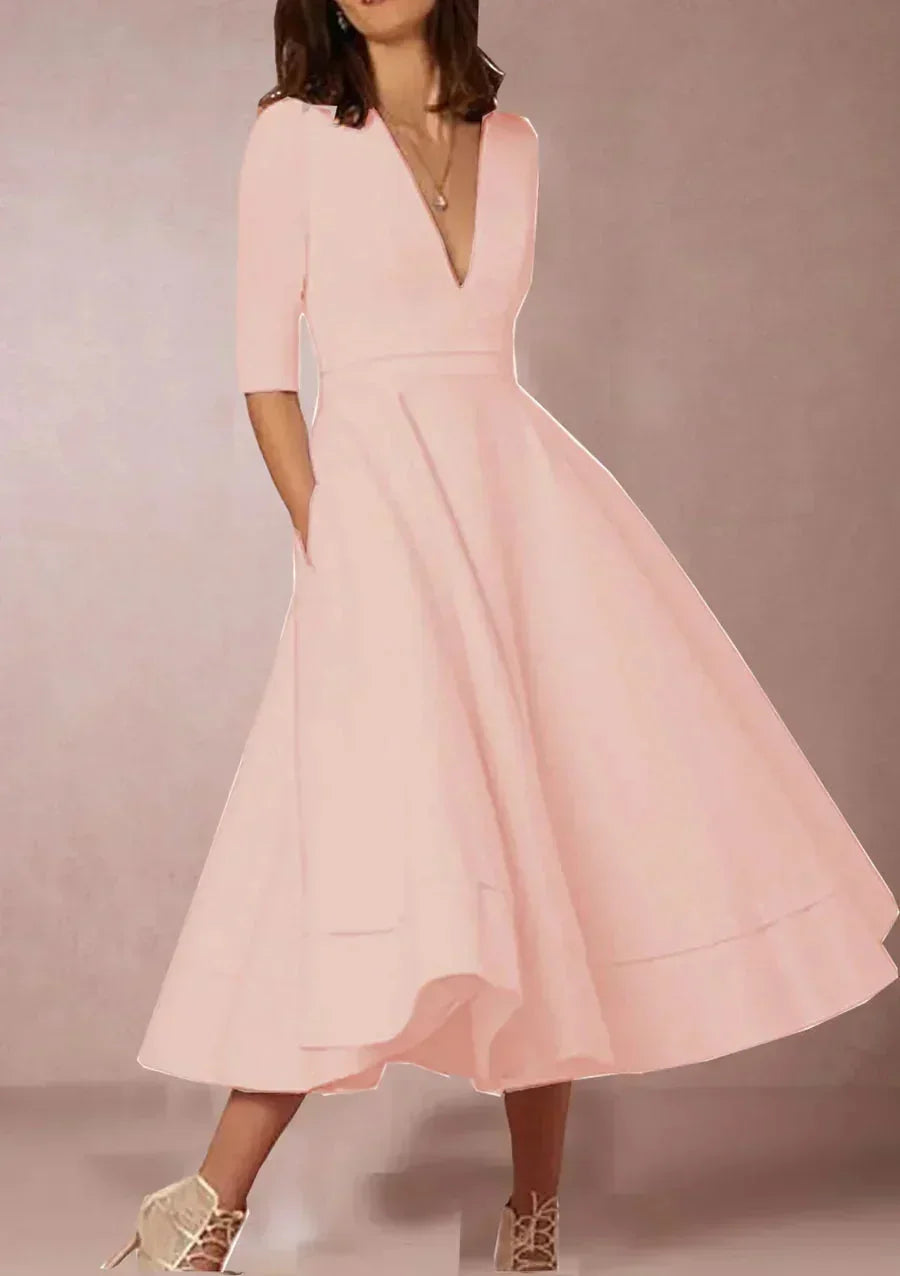Victorine | Robe Midi Évasée Col V à Poches