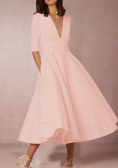 Victorine | Robe Midi Évasée Col V à Poches