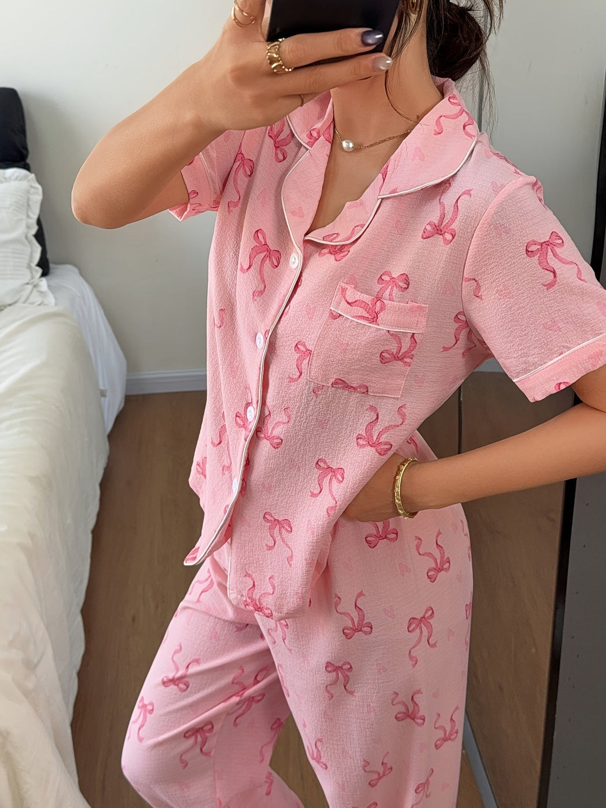 Ensemble pyjama femme imprimé à manches courtes, deux pièces