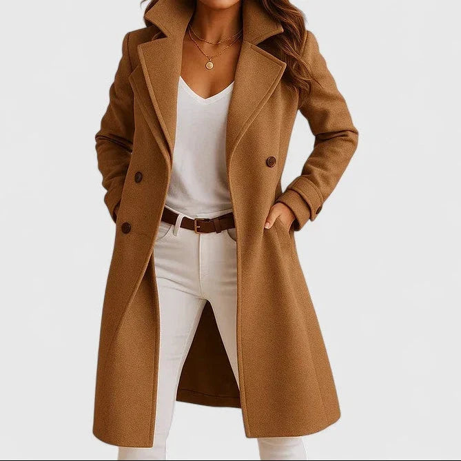 Manteau long femme croisé à col cranté, coupe droite jusqu'au mollet