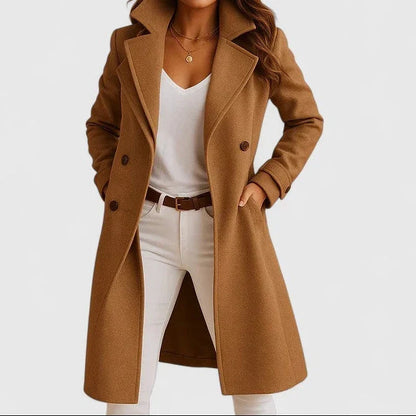 Manteau long femme croisé à col cranté, coupe droite jusqu'au mollet
