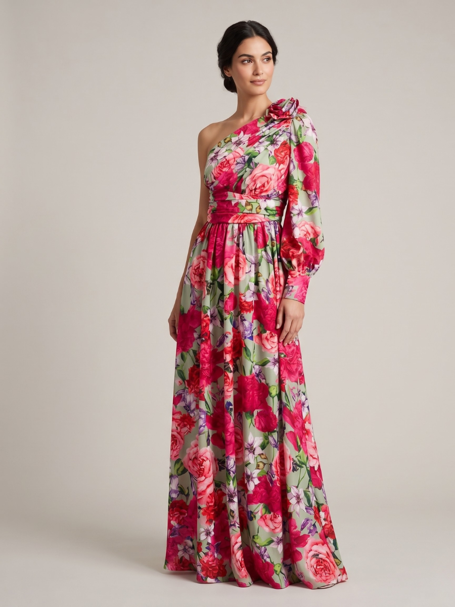 Sabine | Robe Longue Fleurie Une Épaule