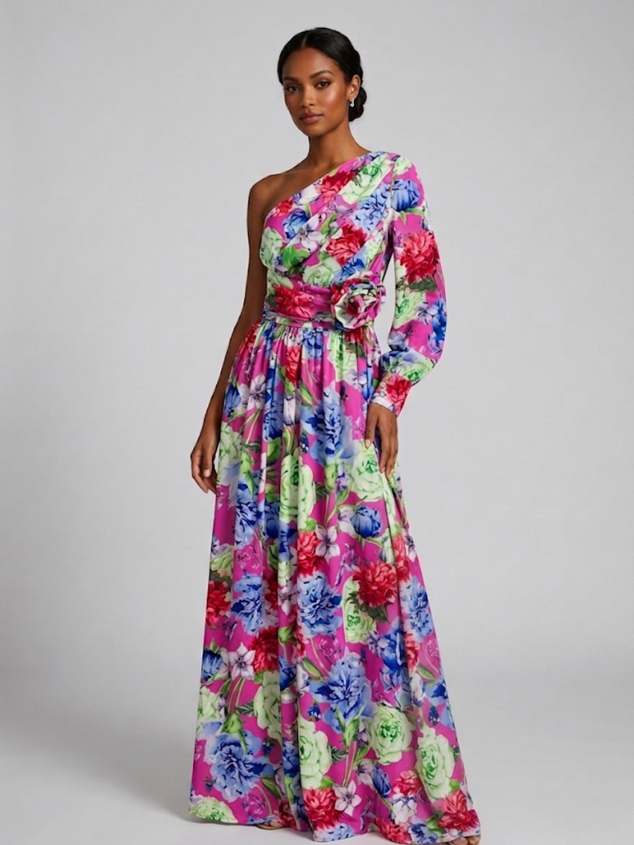 Sabine | Robe Longue Fleurie Une Épaule