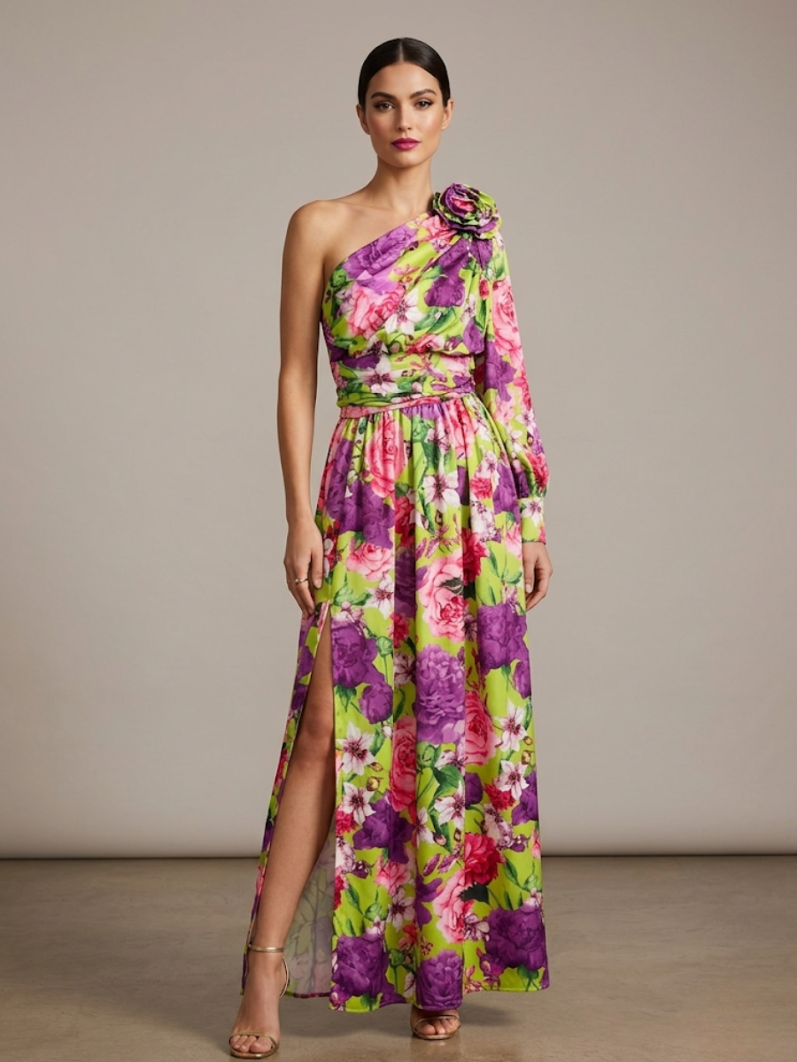 Sabine | Robe Longue Fleurie Une Épaule