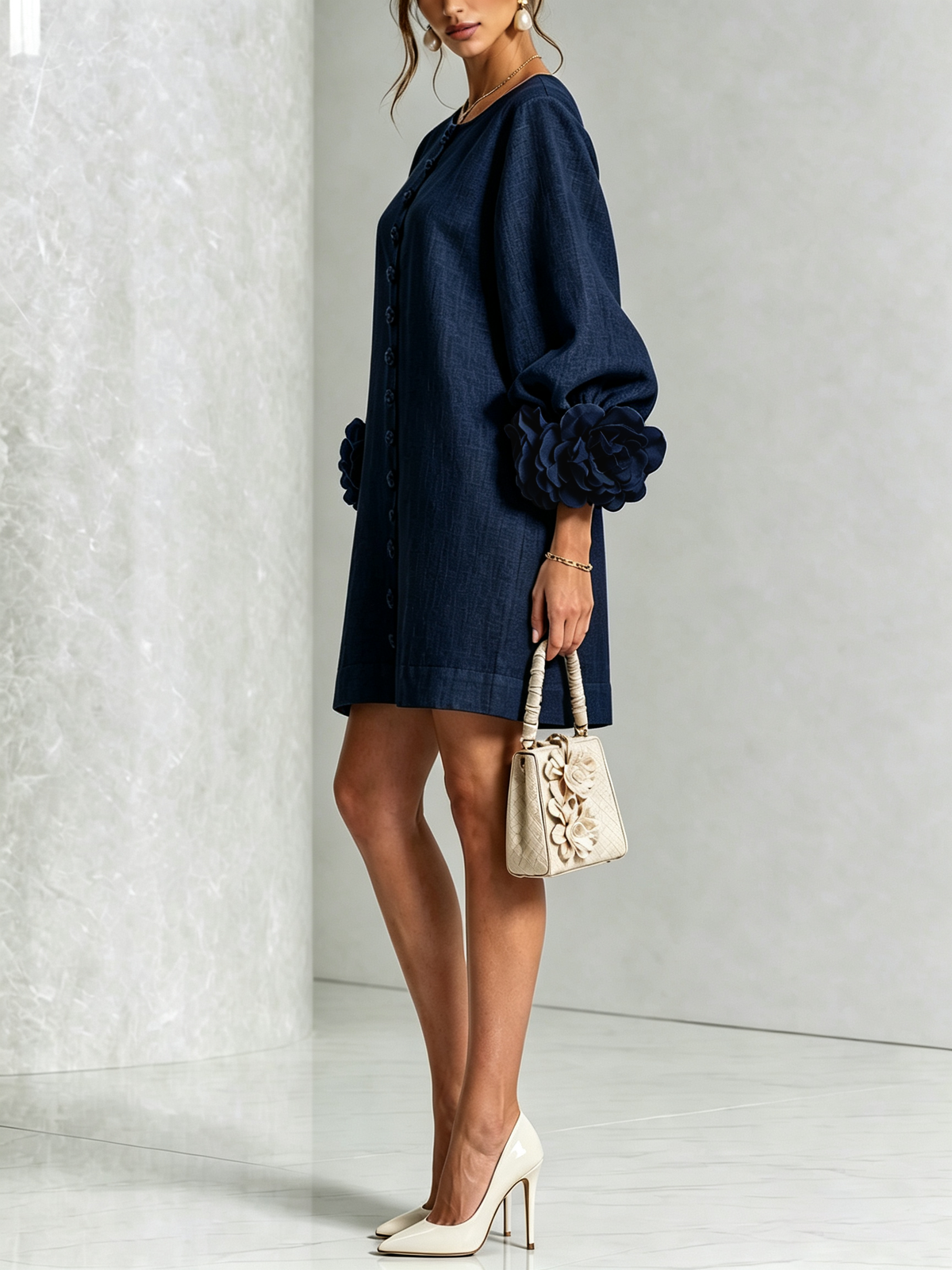 Robe courte boutonnée fleurie, détail de l'ourlet