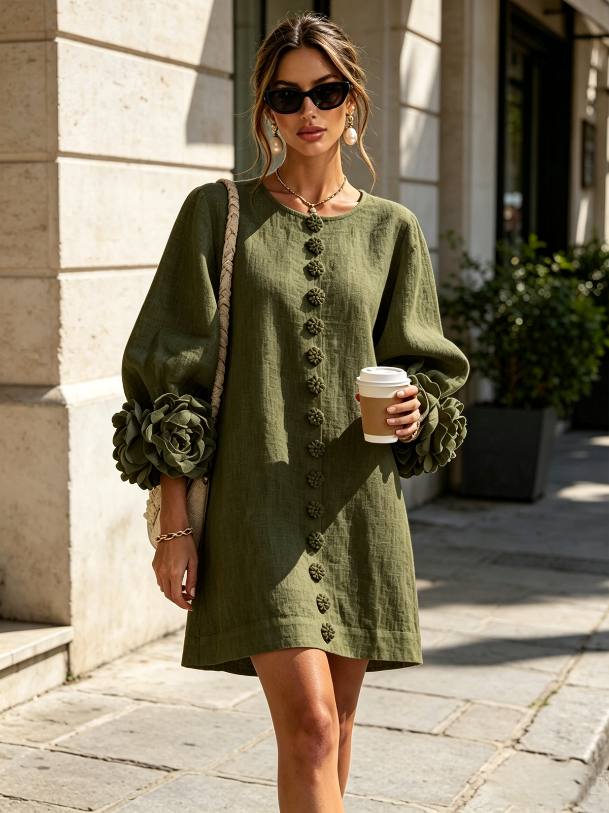 Robe courte fleurie boutonnée, coloris olive