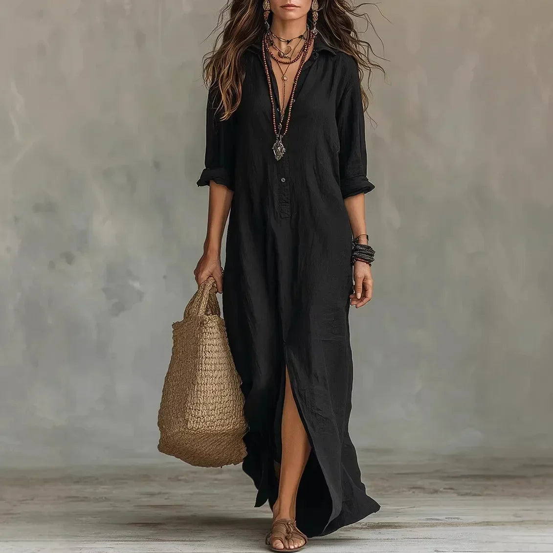 Hermeline | Robe Chemise Longue Col Pointu Fendue