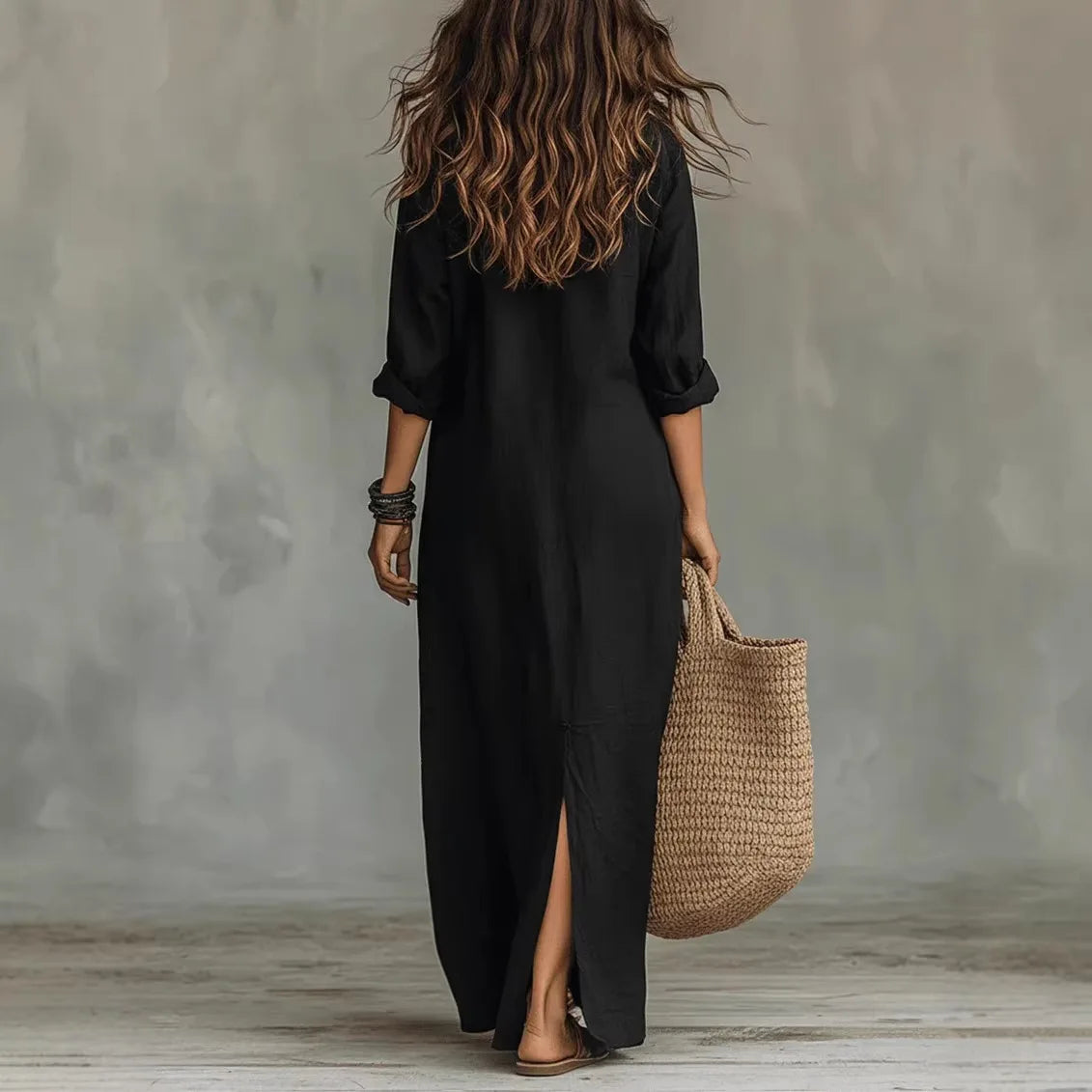 Hermeline | Robe Chemise Longue Col Pointu Fendue