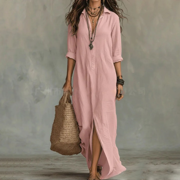 Hermeline | Robe Chemise Longue Col Pointu Fendue