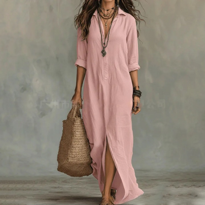 Hermeline | Robe Chemise Longue Col Pointu Fendue
