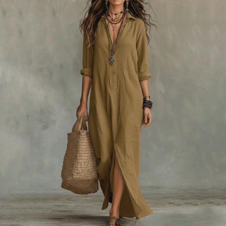 Hermeline | Robe Chemise Longue Col Pointu Fendue