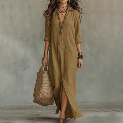 Hermeline | Robe Chemise Longue Col Pointu Fendue
