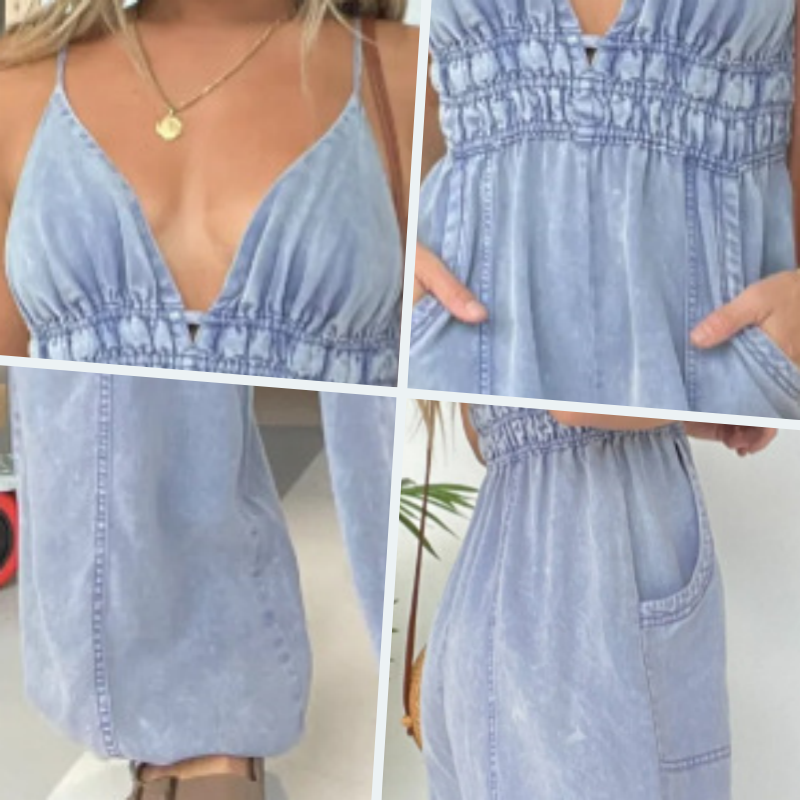 Elvianne | Combinaison en Denim à Jambes Larges avec Poches