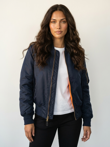 Blouson bomber femme satiné à bords côtelés
