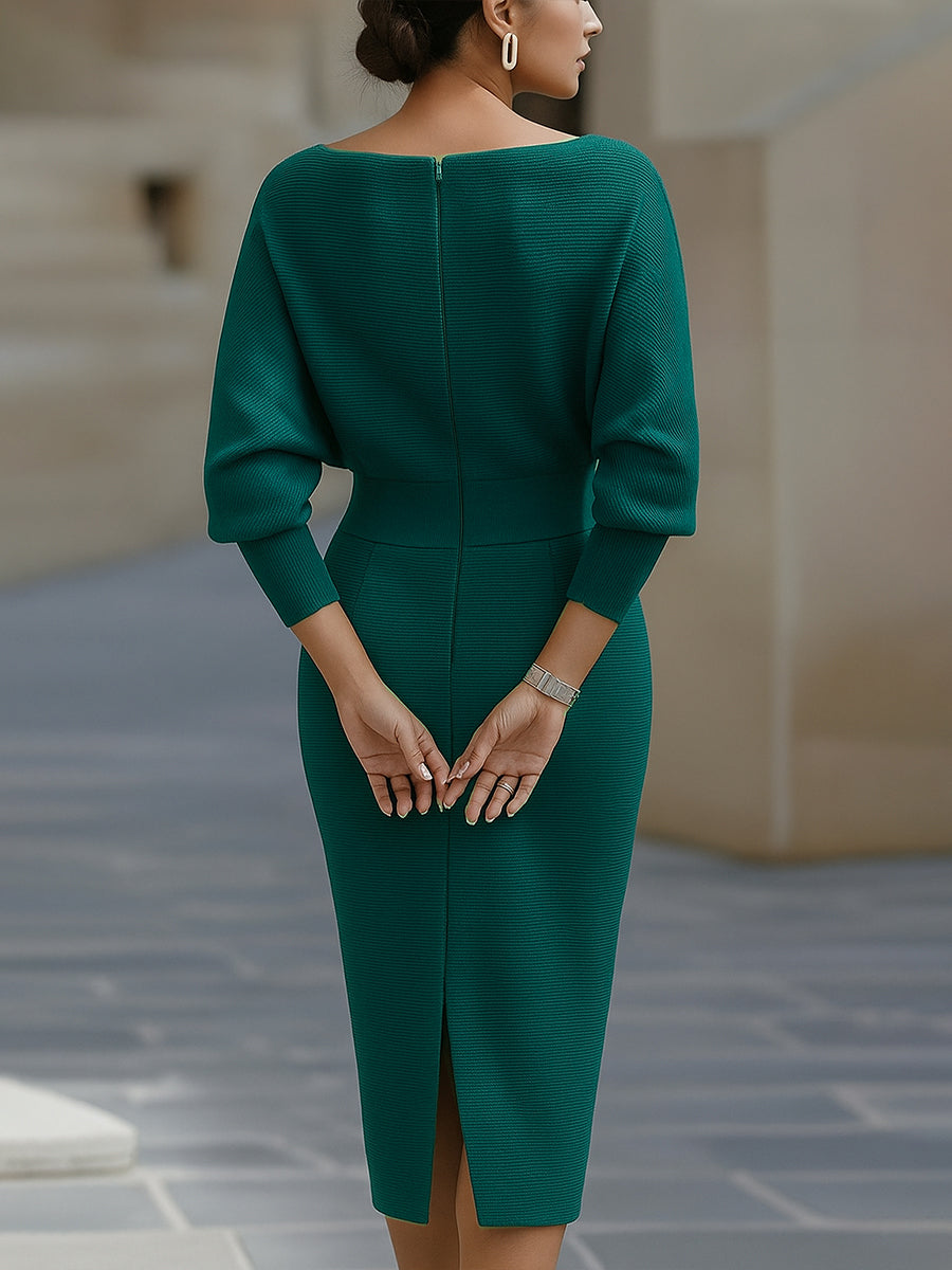 Isaline | Robe midi femme chic à manches chauve-souris drapées