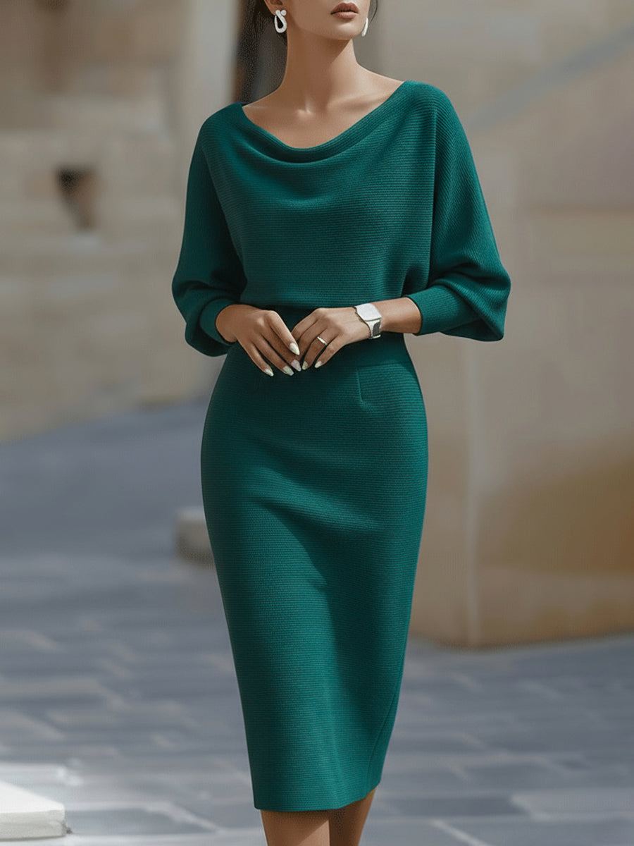Isaline | Robe midi femme chic à manches chauve-souris drapées