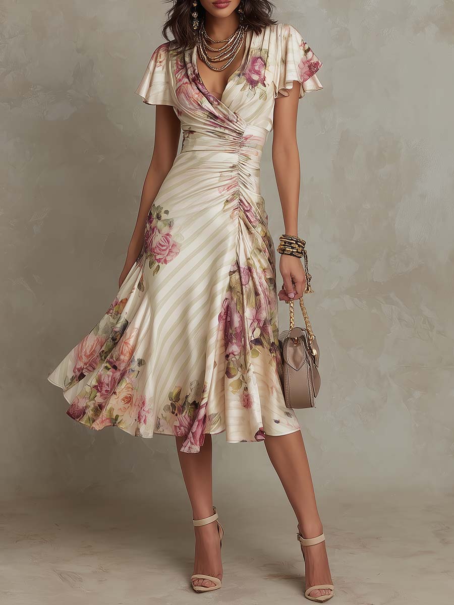 Thomasine | Robe Midi Portefeuille Fleurie Ivoire