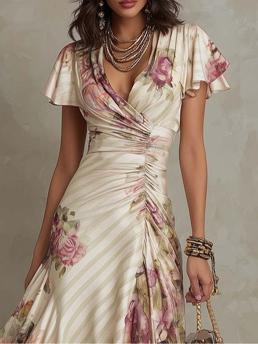 Thomasine | Robe Midi Portefeuille Fleurie Ivoire